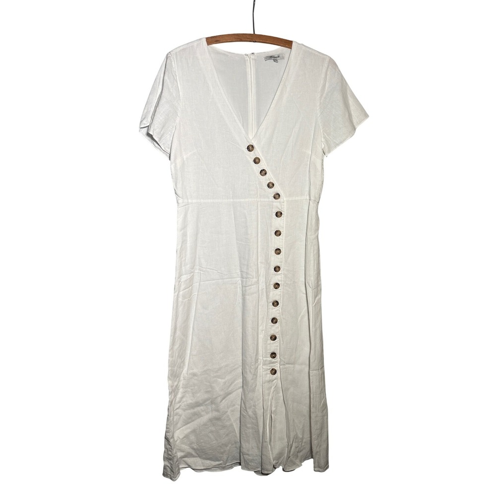Madewell White Linen Blend Asymmetrical Button Front Midi Dress Size 8 Coastal